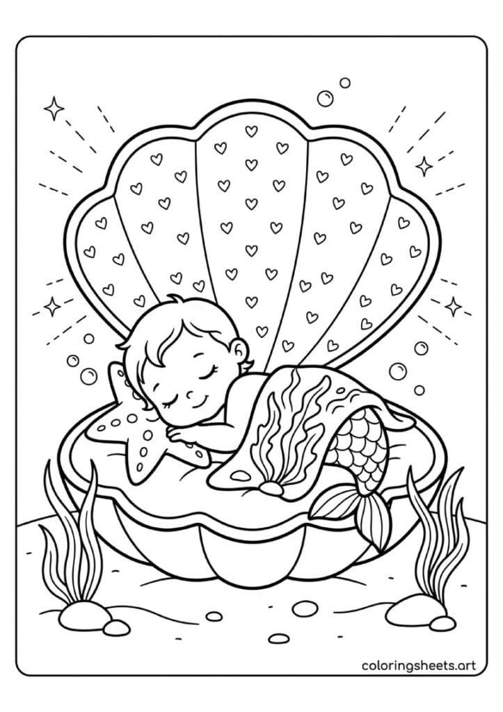 Baby mermaid sleeping in clamshell crib coloring page, seaweed blanket and starfish pillow, free printable PDF.