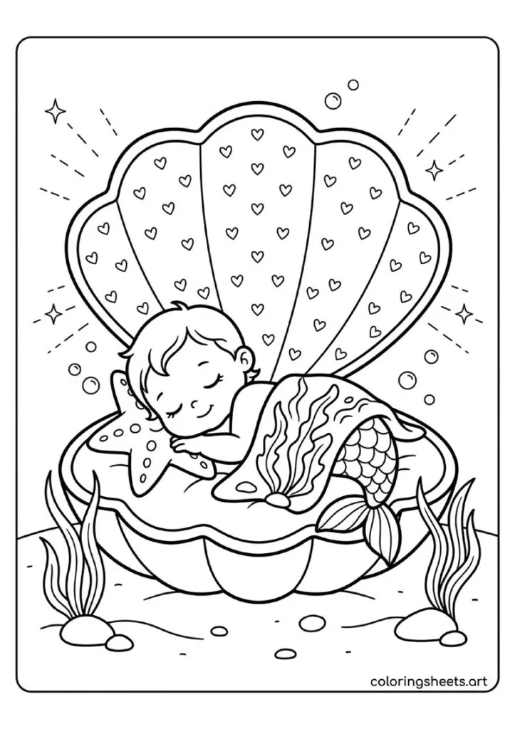 Baby mermaid sleeping in clamshell crib coloring page, seaweed blanket and starfish pillow, free printable PDF.