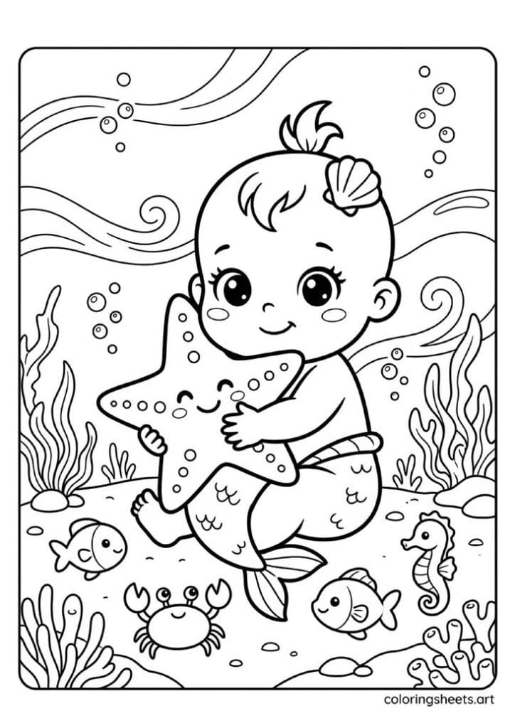 Adorable chubby baby mermaid with tiny tail hugging large friendly starfish on sandy ocean floor with tiny sea creatures and bubbles coloring page — free printable PDF