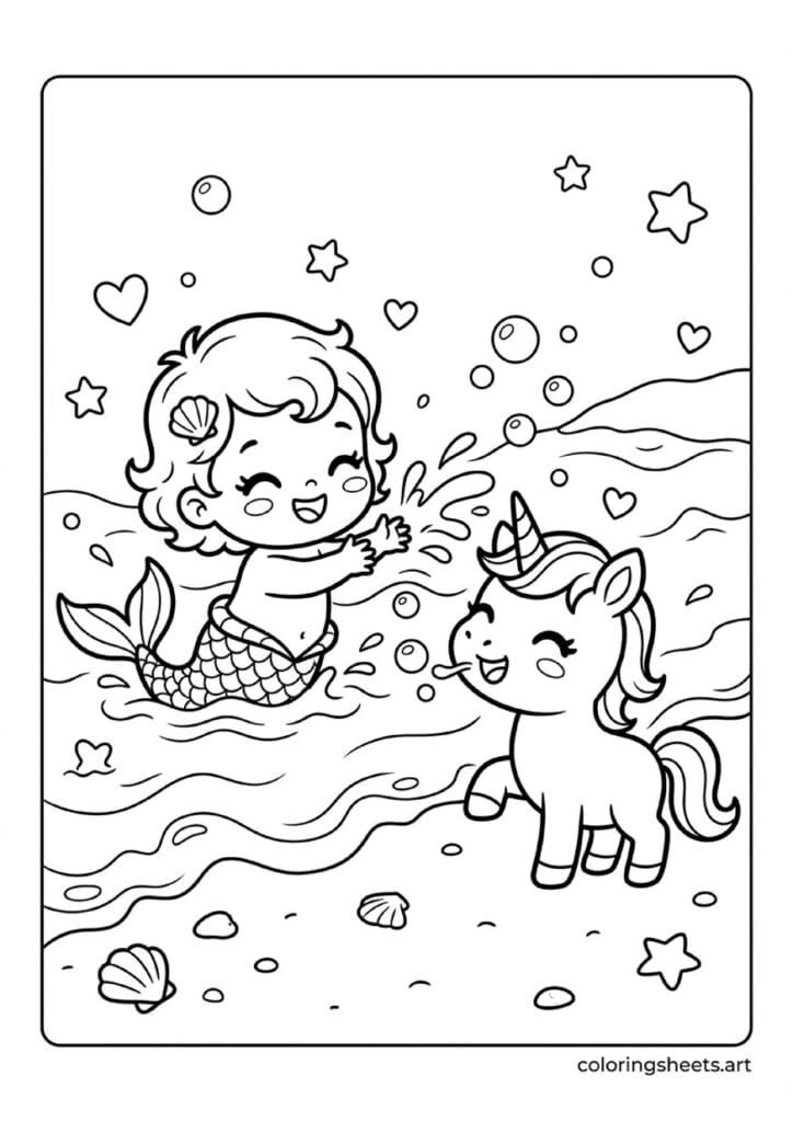 Kawaii baby mermaid splashing baby unicorn with water at shoreline both giggling big round eyes chubby proportions hearts stars everywhere coloring page — free printable PDF