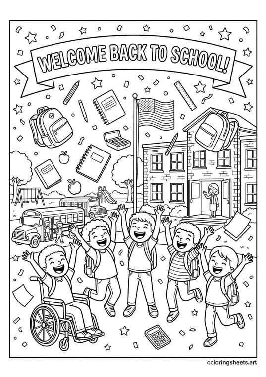 Diverse American kids throwing backpacks and school supplies in air with Welcome Back to School banner confetti teacher waving and school building coloring page — free printable PDF
