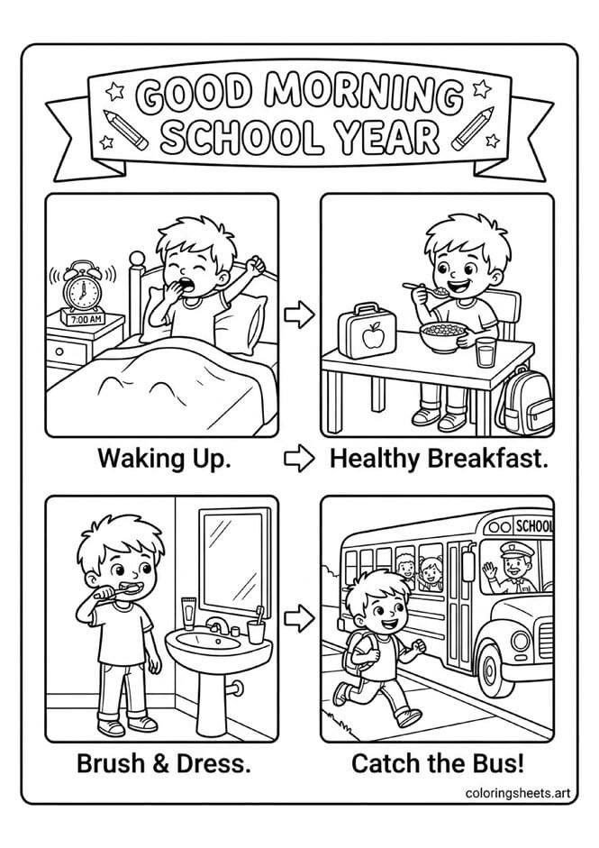 Four panel back to school morning routine coloring page showing wake up breakfast getting dressed and catching school bus with arrows and Good Morning School Year banner — free printable PDF