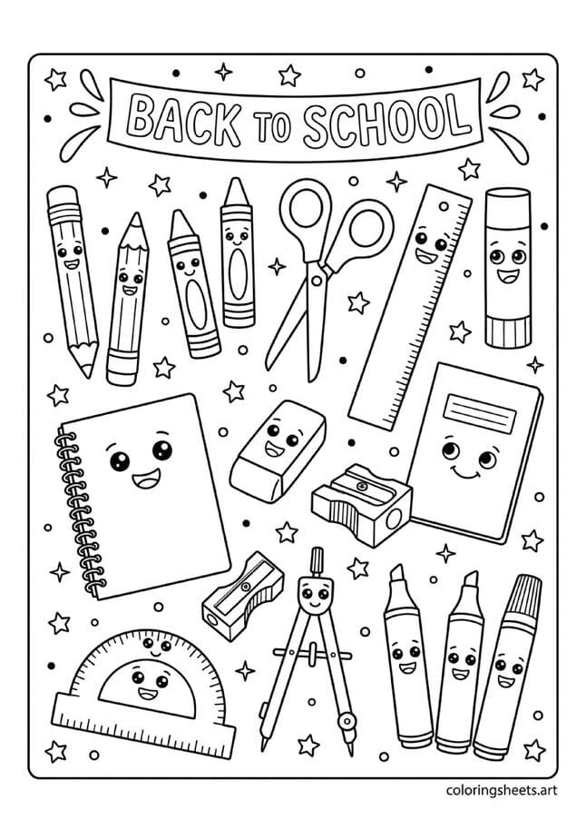 Collection of back to school supplies with cartoon faces pencils crayons scissors ruler glue stick and Back to School banner coloring page — free printable PDF