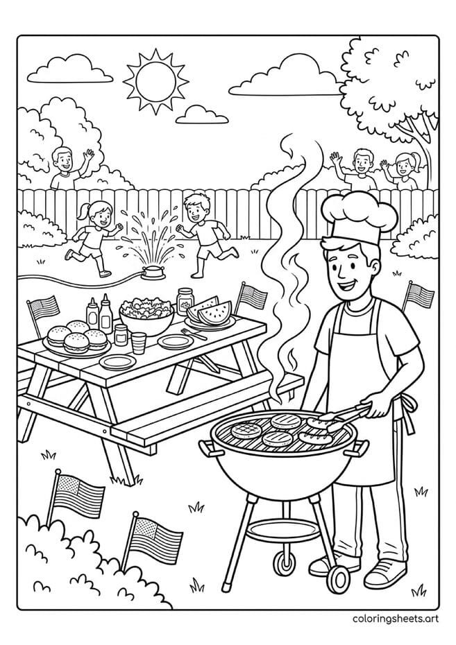 Classic American backyard BBQ with dad grilling burgers hot dogs kids in sprinkler picnic table and American flags 4th of July coloring page — free printable PDF