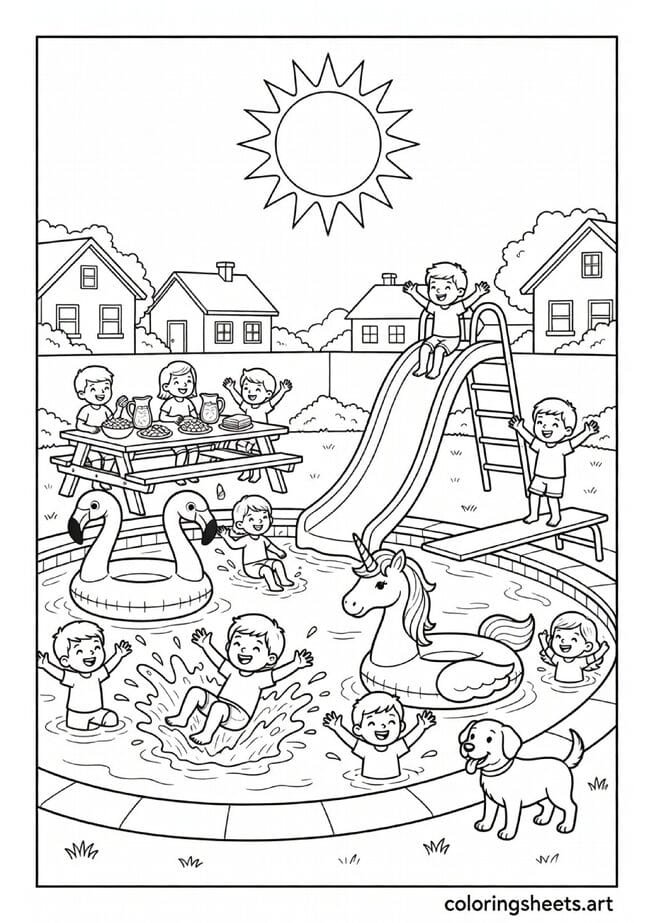 American backyard pool party with kids splashing flamingo float waterslide cannonball and dog cooling off summer coloring page — free printable PDF