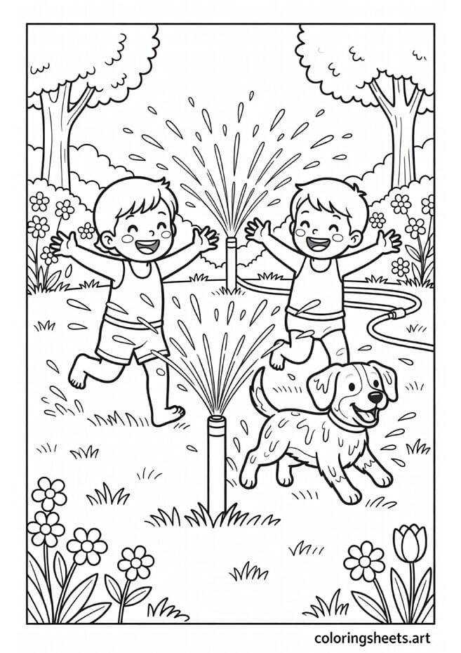 Two kids and dog running through lawn sprinkler in American backyard with water droplets flying summer coloring page — free printable PDF