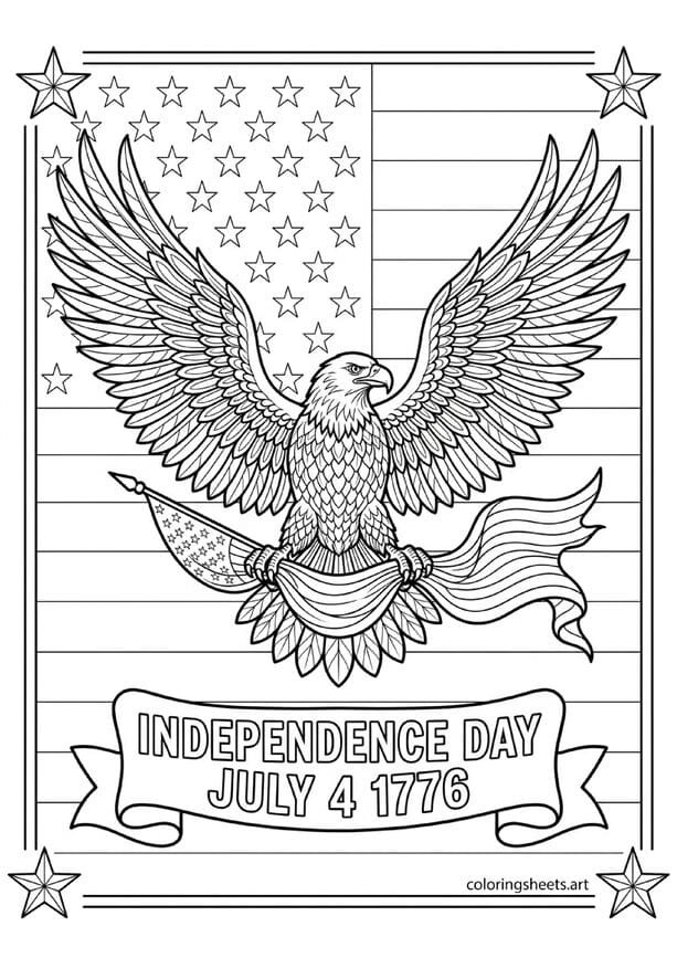 Majestic bald eagle with spread wings holding American flag banner and Independence Day July 4 1776 banner below 4th of July coloring page — free printable PDF