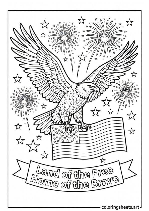 Majestic bald eagle with spread wings holding American flag banner with fireworks and Land of the Free Home of the Brave text coloring page — free printable PDF