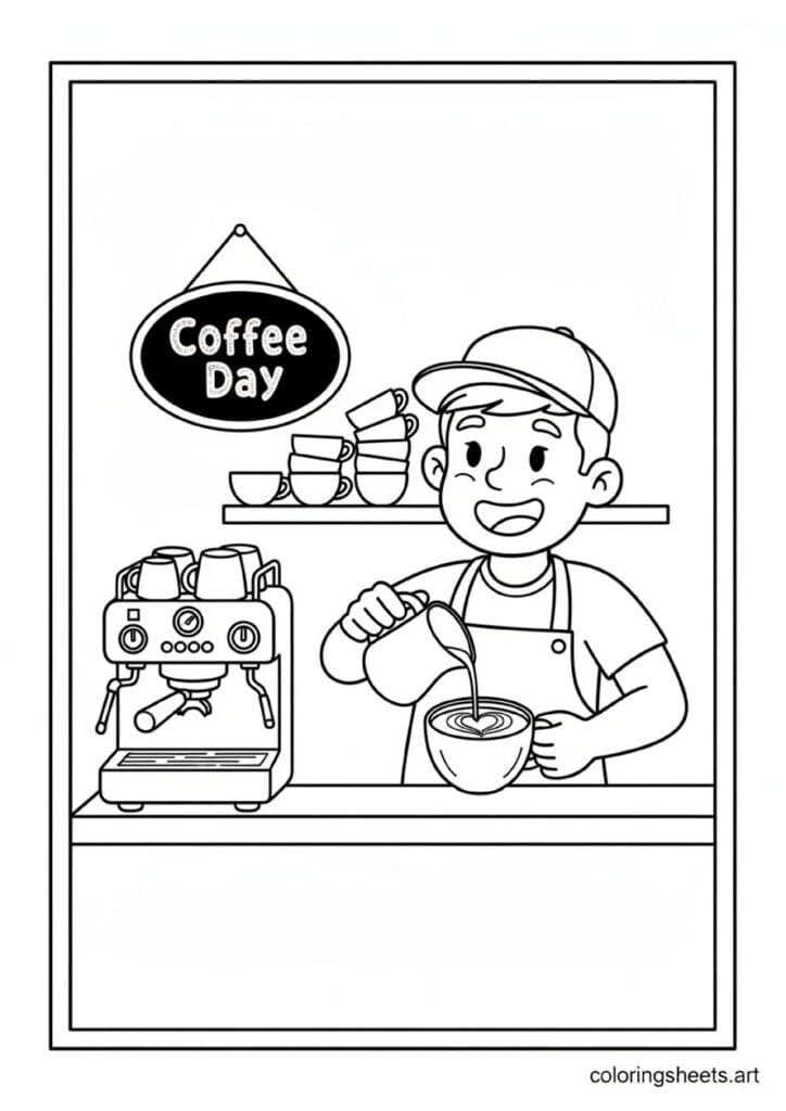 Cartoon barista pouring milk pitcher heart latte art coffee cup espresso machine stacked cups Coffee Day chalkboard sign coloring page