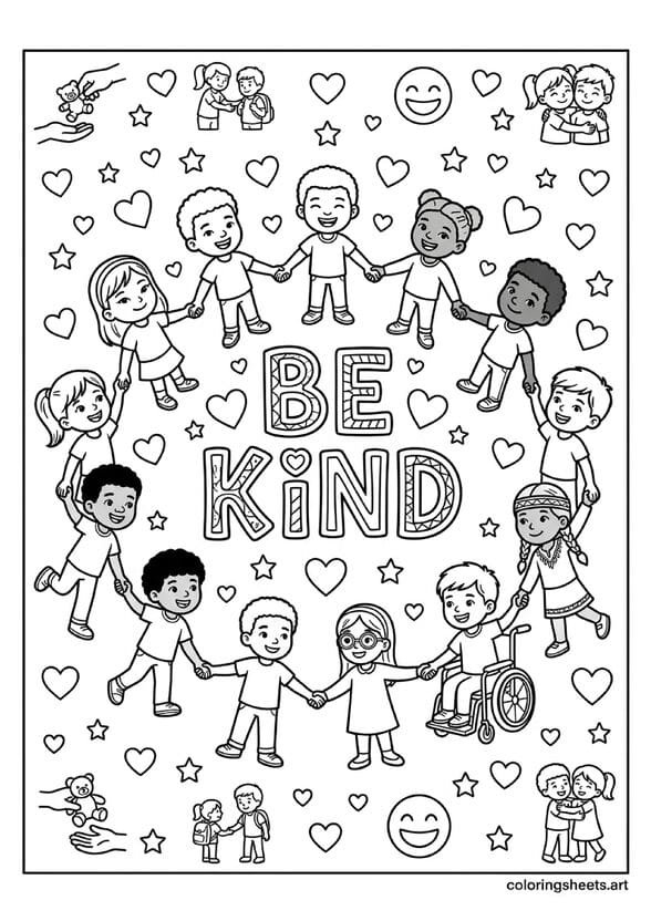 Be Kind school coloring page with diverse kids holding hands hearts stars and kindness action icons anti-bullying back to school classroom poster — free printable PDF