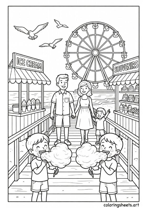 American beach boardwalk with family ice cream stand cotton candy Ferris wheel and ocean view summer coloring page — free printable PDF