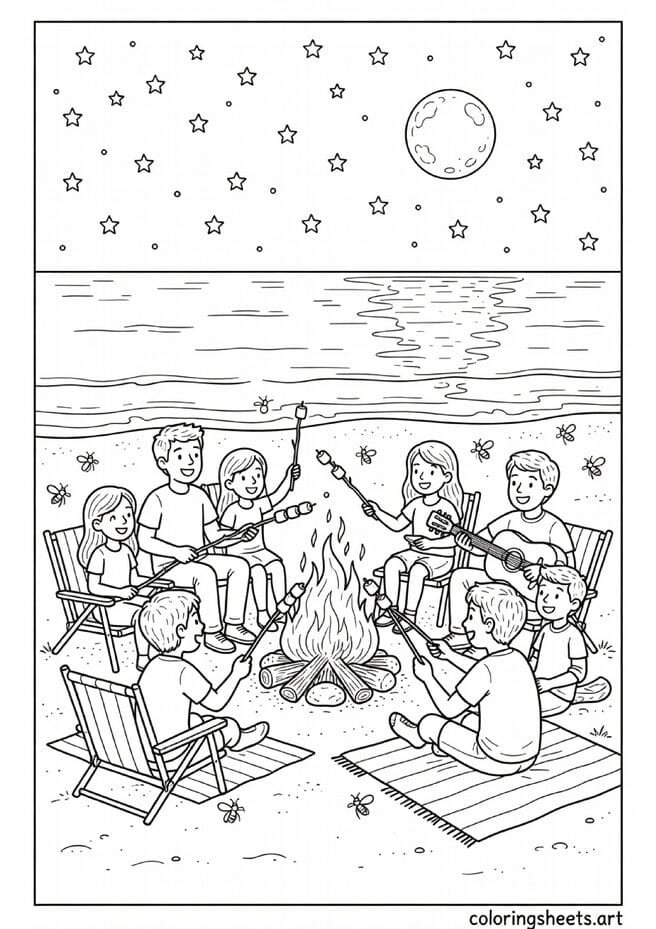 American beach bonfire night with friends roasting smores guitar moon on water and stars summer coloring page — free printable PDF