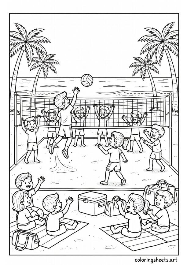 Kids playing beach volleyball with player jumping to spike ball spectators and ocean background summer coloring page — free printable PDF