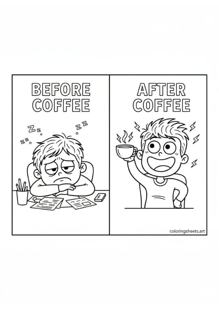 Before and after coffee funny split panel cartoon person slumped zombie versus energized upright holding cup lightning sparks coloring page