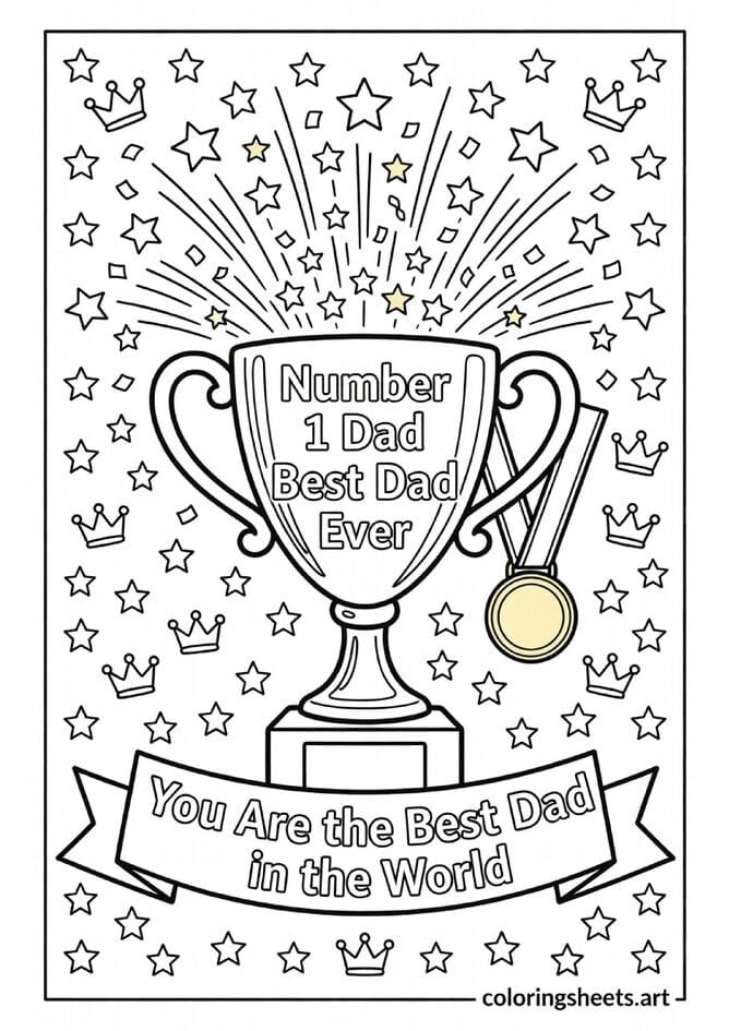 Number 1 Dad Best Dad Ever trophy award with gold stars confetti medal and You Are the Best Dad banner Fathers Day coloring page — free printable PDF