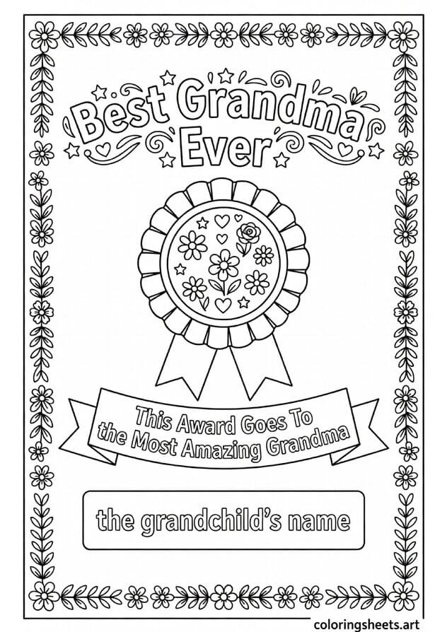 Best Grandma Ever award certificate with rosette ribbon flowers hearts and space for grandchild's name Mothers Day coloring page — free printable PDF