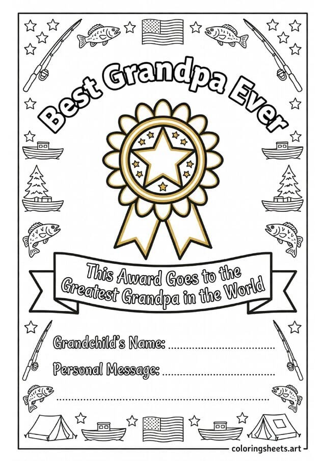 Best Grandpa Ever award certificate with gold star rosette American sports fishing border and name space Fathers Day coloring page — free printable PDF