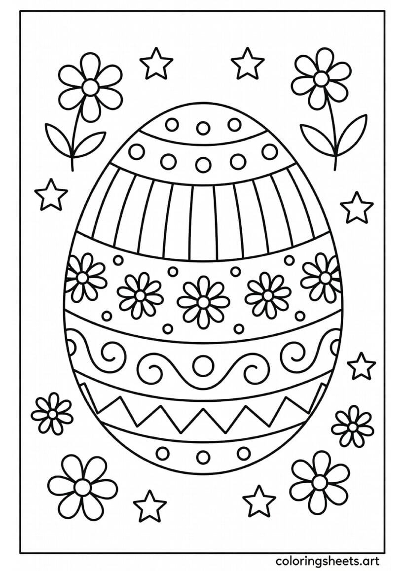 Large decorated Easter egg with patterns stripes dots and flowers coloring page for kids — free printable PDF