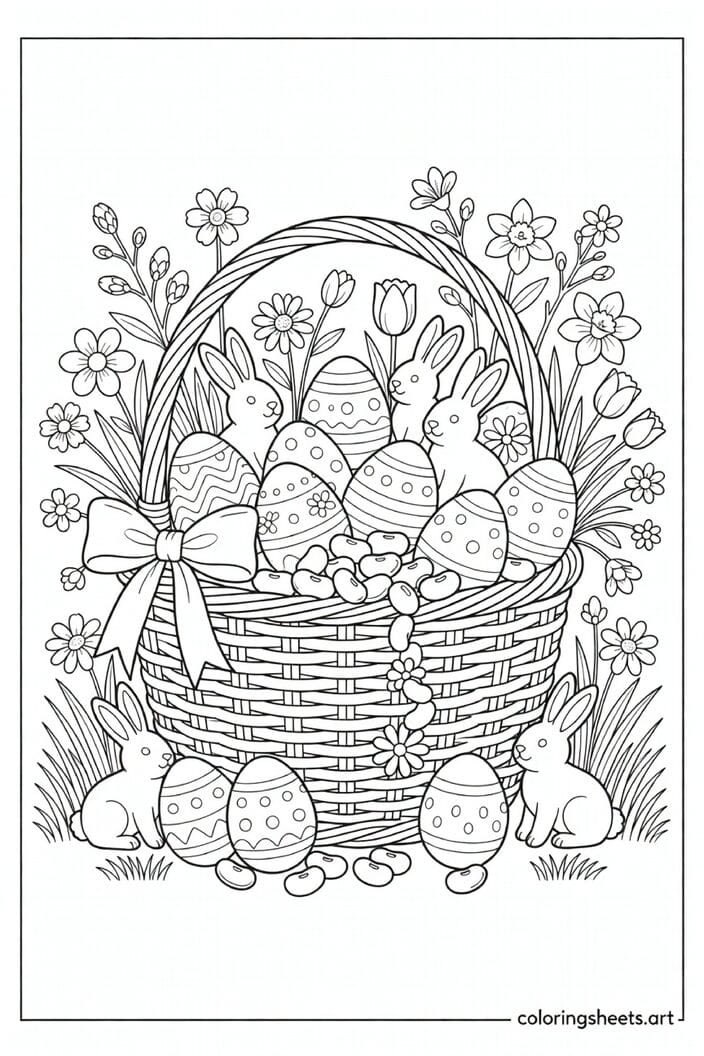 Large Easter basket overflowing with decorated eggs chocolate bunnies and flowers with bow handle coloring page for kids — free printable PDF