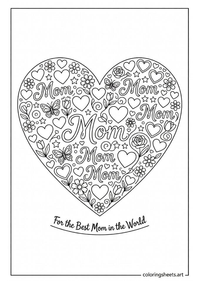 Large heart filled with smaller hearts flowers Mom script butterflies and stars For Best Mom in the World Mothers Day coloring page — free printable PDF