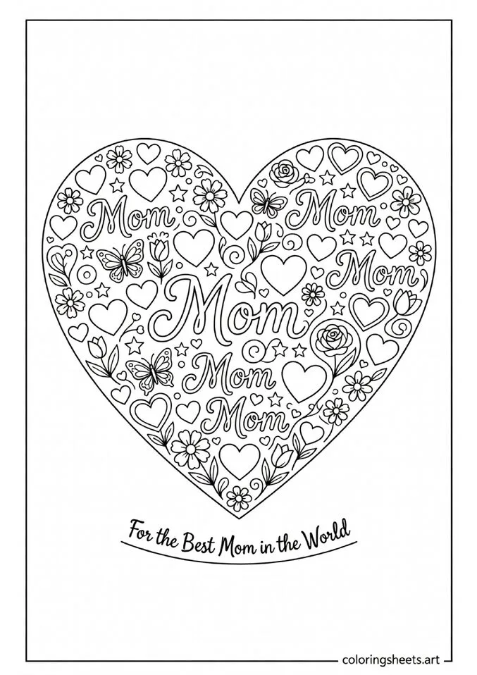 Large heart filled with smaller hearts flowers Mom script butterflies and stars For Best Mom in the World Mothers Day coloring page — free printable PDF