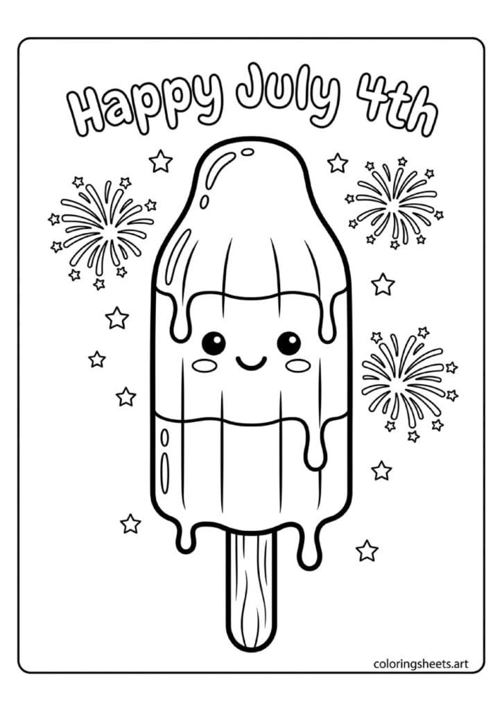 Cartoon bomb pop popsicle with smiling face dripping sides wooden stick stars fireworks and Happy July 4th text coloring page — free printable PDF