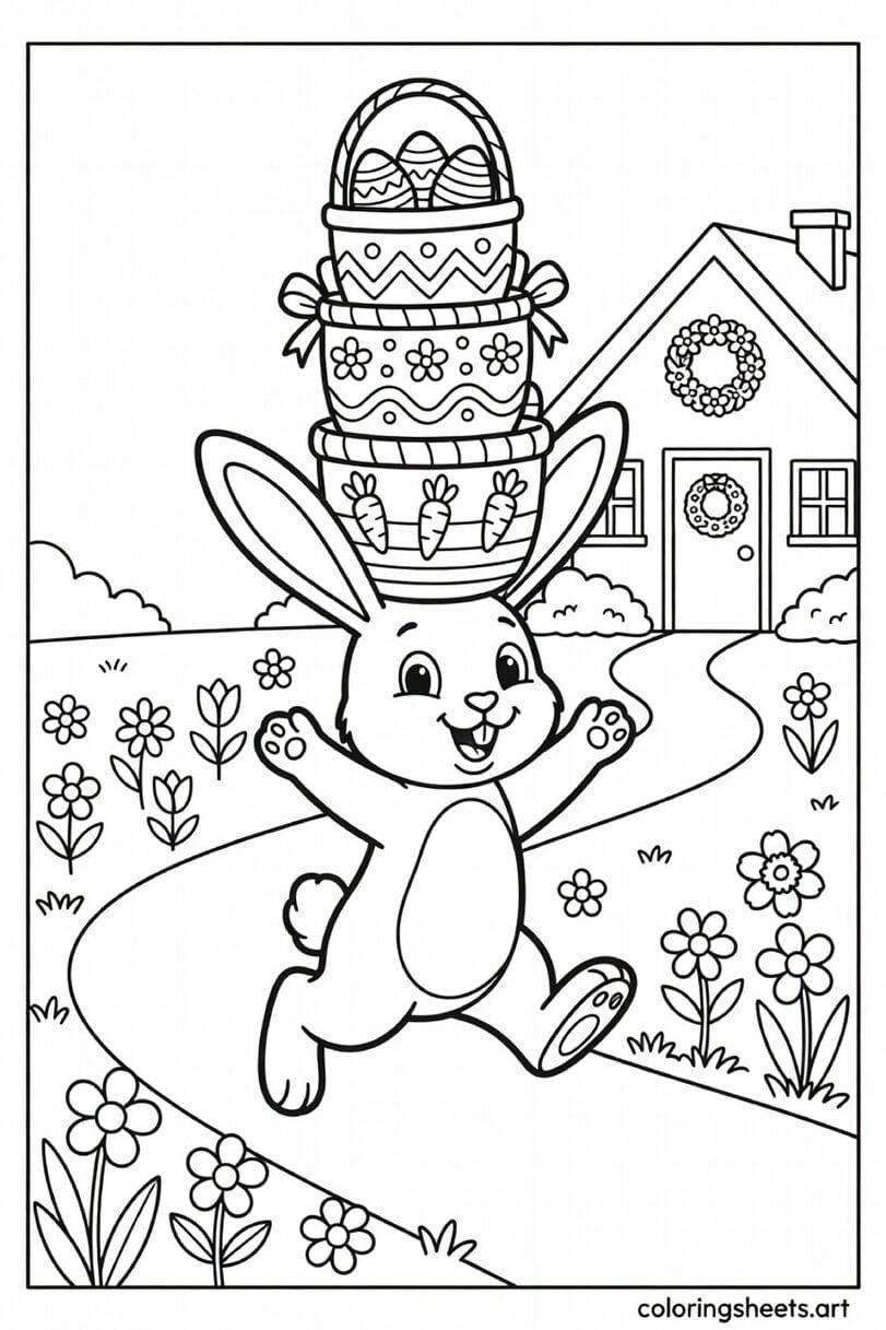 Easter bunny balancing a stack of three decorated Easter baskets hopping along a garden path coloring page for kids — free printable PDF