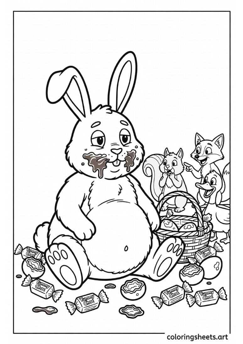 Funny chubby Easter bunny with round tummy surrounded by empty chocolate wrappers and guilty expression coloring page — free printable PDF