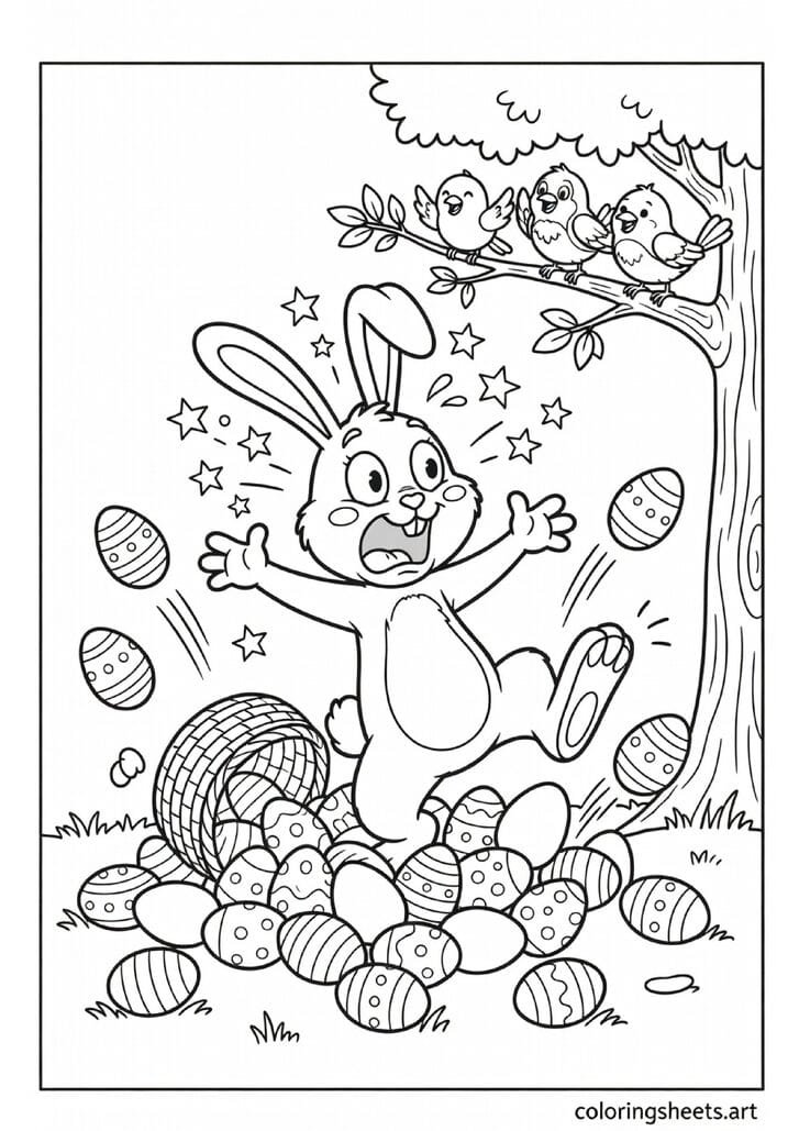 Funny cartoon Easter bunny tripping over Easter eggs with basket tipped over and eggs flying in the air coloring page — free printable PDF