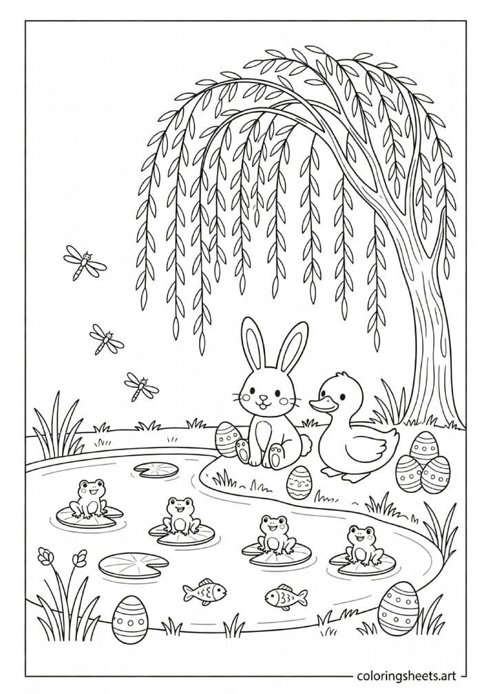 Easter bunny and duck sitting by a spring pond with lily pads frogs and Easter eggs coloring page for kids — free printable PDF