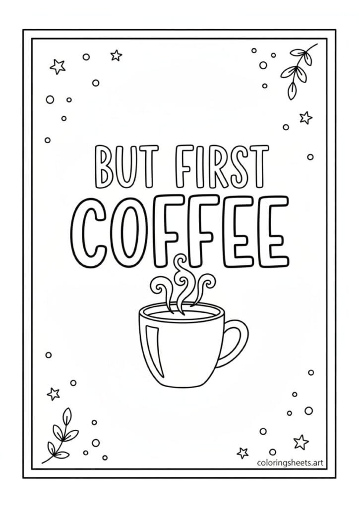 But First Coffee hand-lettered quote with steaming mug stars leaf sprigs corner decorations coloring page — free printable PDF