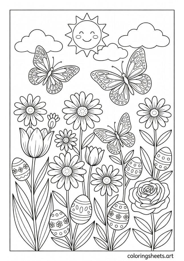 Three butterflies with intricate wings flying among spring tulips daisies and Easter eggs coloring page for kids and adults — free printable PDF