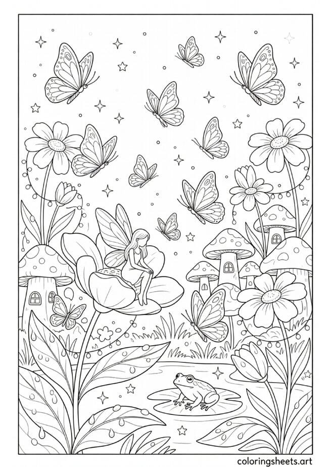 Enchanted butterfly fairy garden with tiny fairy mushroom houses dewdrops and magical sparkles spring coloring page for kids