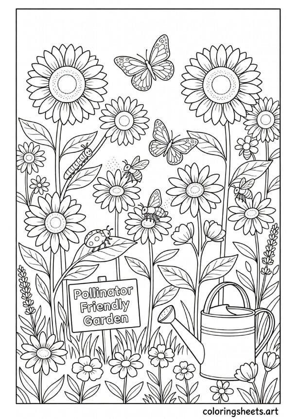 Butterfly and flower pollinator garden Earth Day coloring page with bees ladybug and sunflowers — free printable PDF for kids