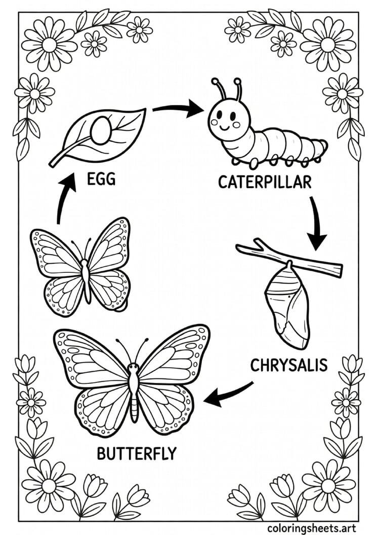 Educational butterfly life cycle coloring page showing egg caterpillar chrysalis and butterfly with labels and spring flowers