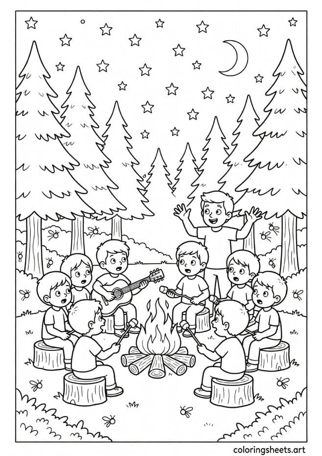 American summer camp campfire circle with campers roasting smores guitar singing counselor telling ghost story and fireflies coloring page — free printable PDF
