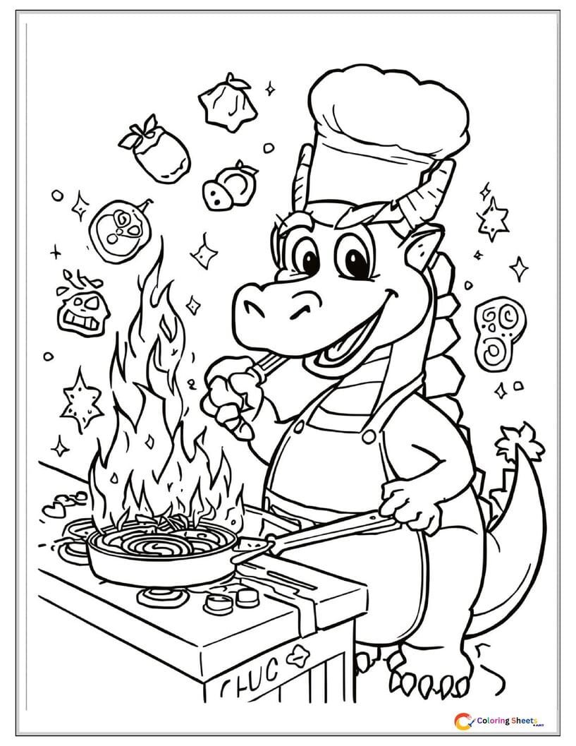 Funny cartoon coloring page of a dragon dressed as a chef using its fire breath to cook food while wearing an apron and chef hat