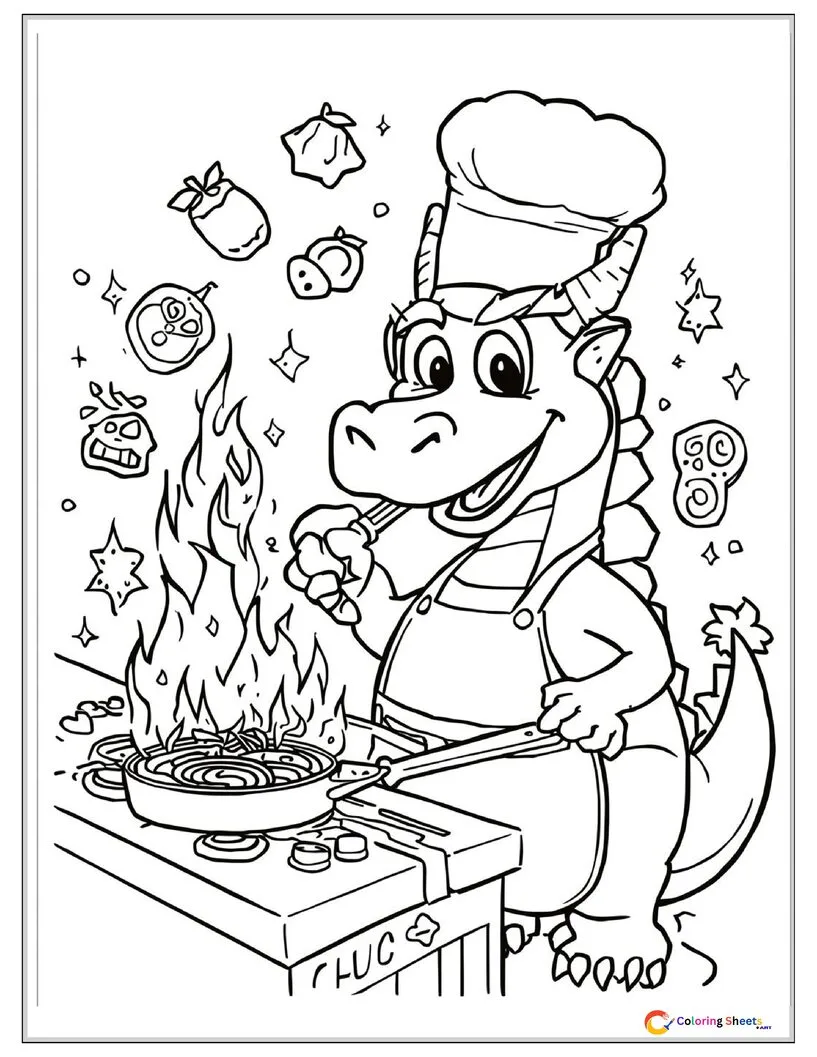 Funny cartoon coloring page of a dragon dressed as a chef using its fire breath to cook food while wearing an apron and chef hat