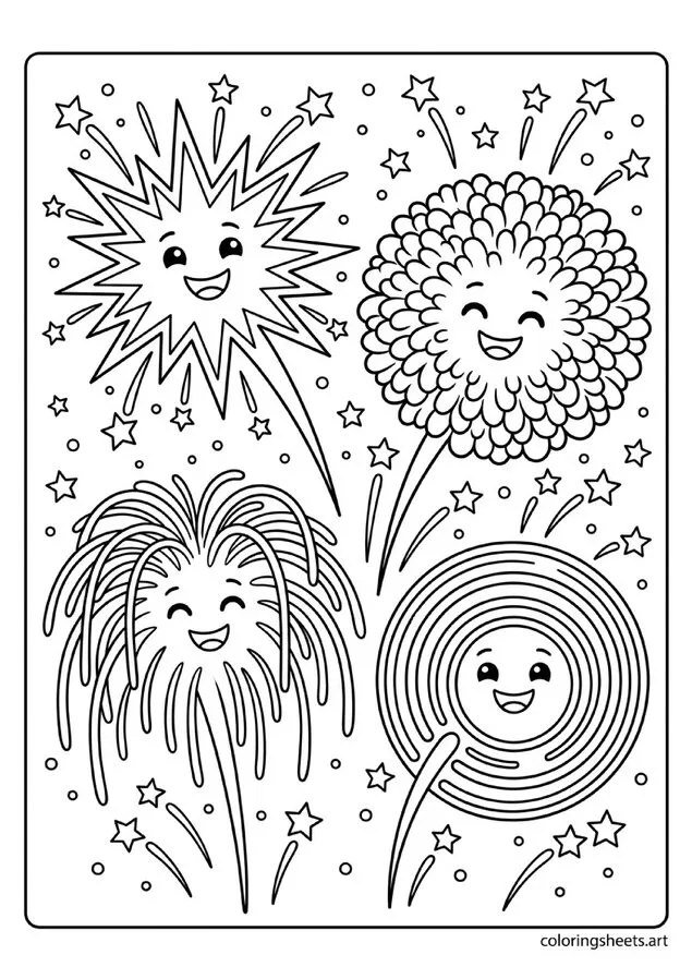 Four cute cartoon fireworks with smiling faces in starburst bloom willow and ring shapes with sparkle trails 4th of July coloring page