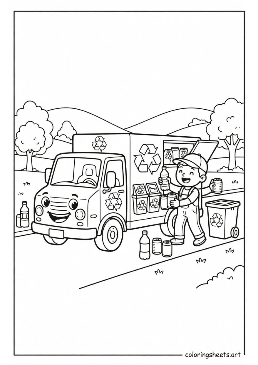 Friendly cartoon recycling truck with happy face collecting recyclables in a neighborhood Earth Day coloring page — free printable PDF