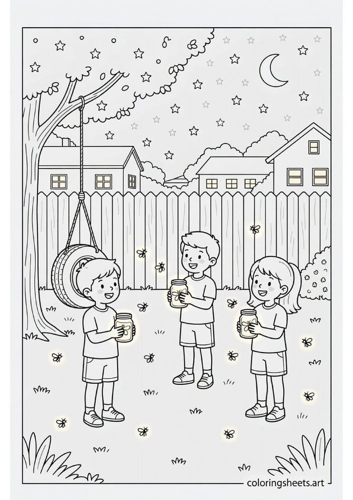 Children catching fireflies in jars in American backyard at night with tire swing fence stars and moon summer coloring page — free printable PDF