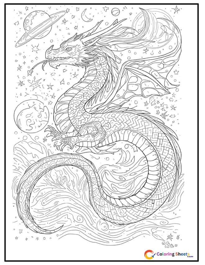 Adult coloring page of a celestial serpentine dragon decorated with moon and star patterns floating among planets and cosmic clouds