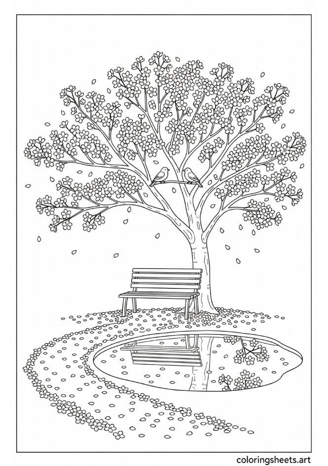 Cherry blossom tree in full bloom with falling petals park bench birds and reflecting pond spring coloring page