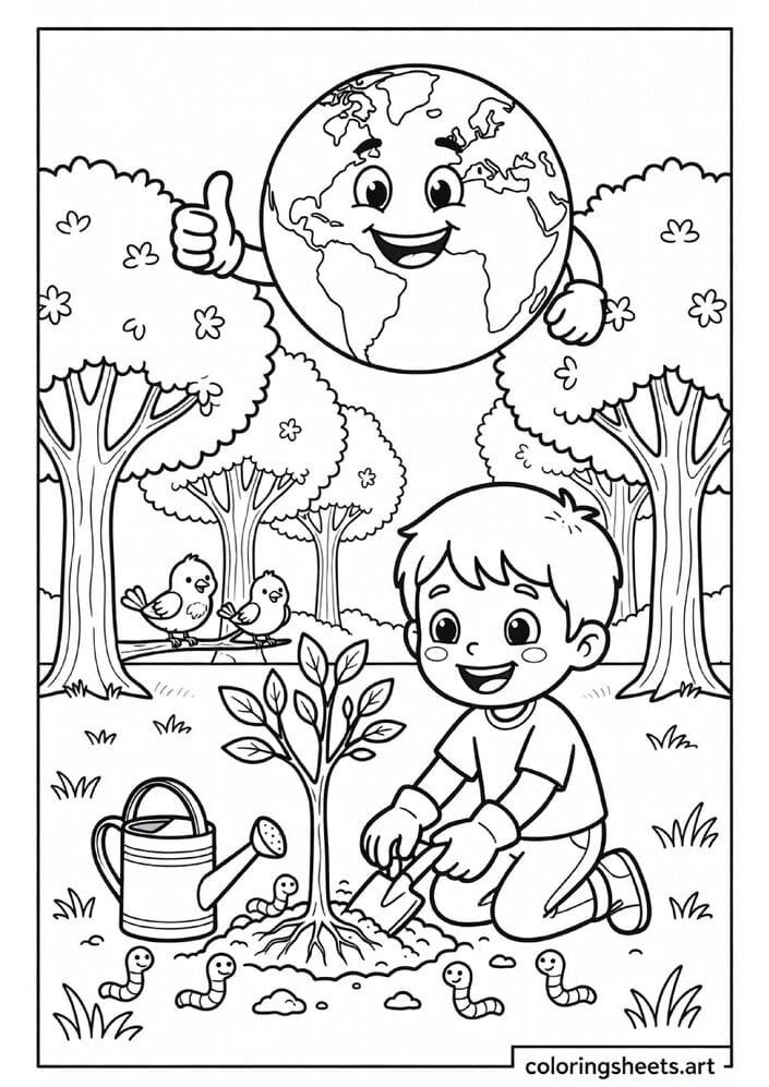 Happy child planting a sapling tree with watering can and smiling Earth globe watching Earth Day coloring page — free printable PDF