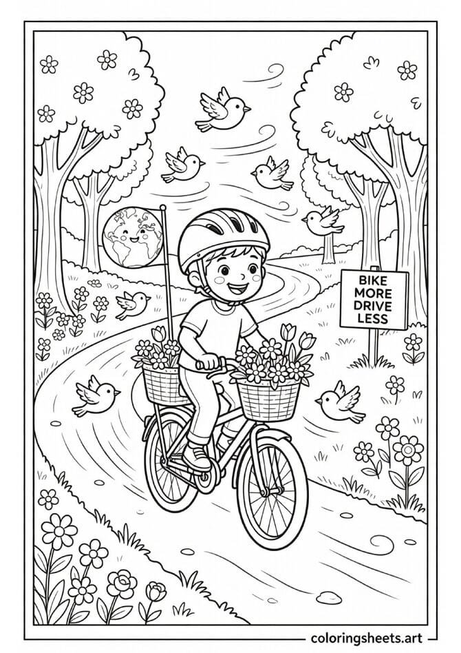 Happy child riding bicycle with Earth Day flag and Bike More Drive Less sign coloring page for kids — free printable PDF