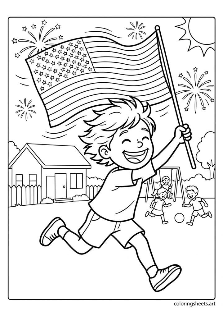 Joyful child running at full speed through backyard waving large American flag streaming in wind fireworks in background 4th of July coloring page — free printable PDF