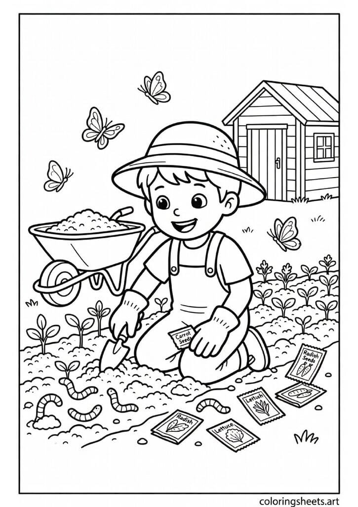 Happy child planting spring seeds wearing garden gloves and sun hat with wheelbarrow worms and seedlings coloring page