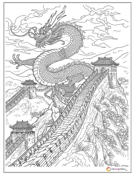Chinese dragon coloring page of a long serpentine dragon flying above the Great Wall of China with mountains, mist, and cherry blossoms