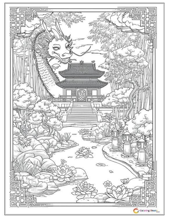 Serene Chinese dragon coloring page coiled around a pagoda temple surrounded by bonsai trees, koi pond, stone lanterns, and a bamboo grove