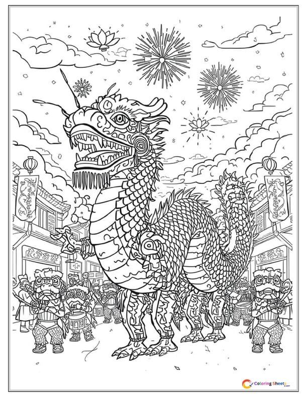 Chinese New Year dragon parade coloring page with a traditional dragon dance costume surrounded by lanterns, fireworks, and festival decorations